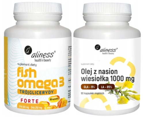 Zestaw Fish Omega 3 FORTE Trójglicerydy 500/250mg, Aliness + Olej z nasion wiesiołka 9% 1000 MG 90 kapsułek, Aliness