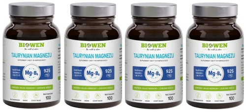 Zestaw 4x - Taurynian magnezu z witaminą B6 (P-5-P) 100 kapsułek, Biowen