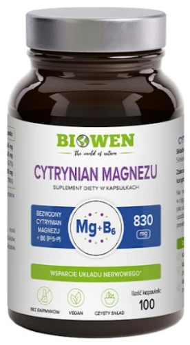 Cytrynian magnezu 825 mg z witaminą B6 (P-5-P) - 100 kapsułek, Biowen