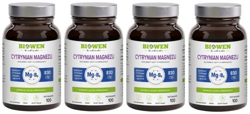 Zestaw 4x - Cytrynian magnezu 825 mg z witaminą B6 (P-5-P) 100 kapsułek, Biowen
