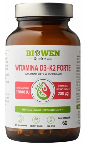 Witamina D3+K2 Forte 12.000 IU- 60 kapsułek, Biowen