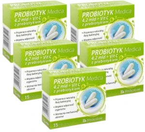 Zestaw 5x - Probiotyk Medica 4,2 mld + VitC z prebiotykiem, Medicaline