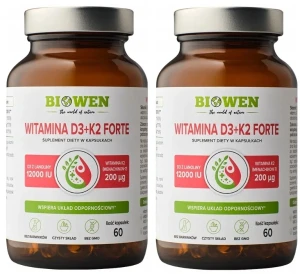 Zestaw 2x  - Witamina D3+K2 Forte 1Biowen Witamina D3+K2 Forte 12 000 IU 2x60 Kapsułek – Wsparcie Odporności i Kości, Zestaw2.000iu- 60 kaps., Biowen