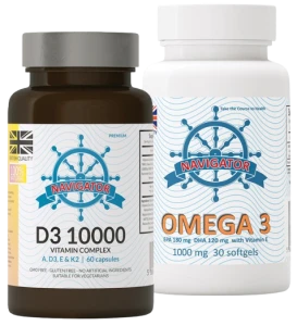 ZESTAW - Cztery Pory Roku. Witamina D3 10000 Complex, 60 kapsułek, Navigator - OMEGA 30 KAPS GRATIS