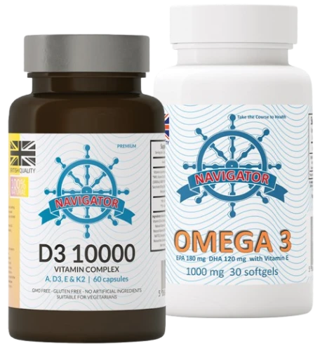 ZESTAW - Cztery Pory Roku. Witamina D3 10000 Complex, 60 kapsułek, Navigator - OMEGA 30 KAPS GRATIS