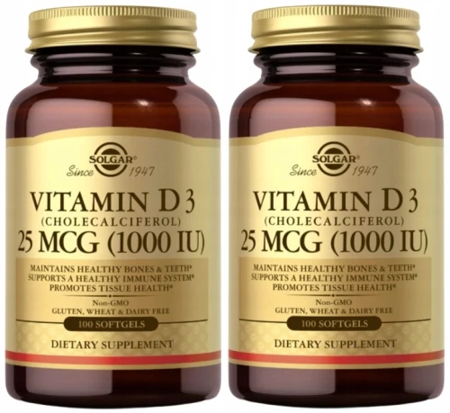 Solgar Witamina D3 1000 IU (25 mcg) - 2 sztuki - łącznie 200 kapsułek - Układ Immunologiczny Mocne Kości i Zęby Zestaw (id: 8976)