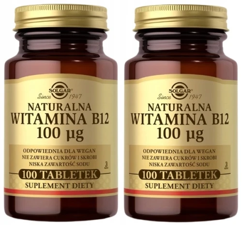 Solgar Naturalna witamina B12 100 μg - 2 sztuki - łącznie 200 tabletek - Układ Nerwowy Funkcje Psychologiczne Nastrój Zestaw (id: 8979)