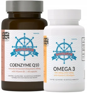 Zestaw - Koenzym Q10 200 mg z Witaminą B1 (Tiaminą), 90 kapsułek, Navigator + OMEGA 3 30KAPS. GRATIS