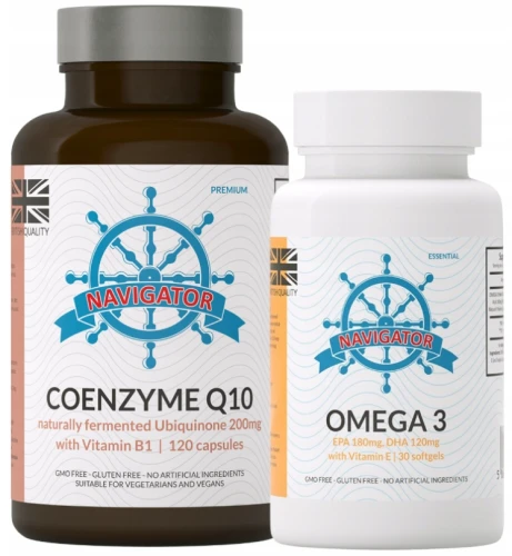 Zestaw - Koenzym Q10 200 mg z Witaminą B1 (Tiaminą), 120 kapsułek, Navigator + OMEGA 3 30KAPS. GRATIS (id: 8997)