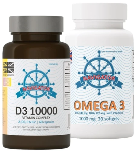 Zestaw - Cztery Pory Roku. Witamina D3 10000 Complex, 60 kapsułek, Navigator - OMEGA 30 KAPS GRATIS (id: 9001)