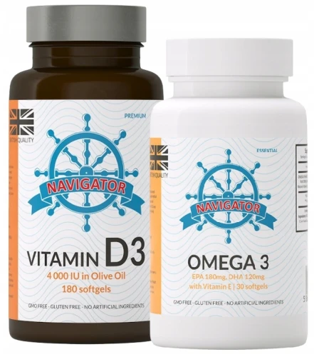 Zestaw - Witamina D3 4000 IU 180 kapsułek, Navigator + OMEGA 30 KAPS. GRATIS (id: 9004)