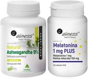 Zestaw Aliness Natural Ashwagandha 555mg 9% 100 kapsułek VEGE + Melatonina 1 mg PLUS Melisa lekarska 150 mg 100 kapsułek VEGE - Sen Spokój Regeneracja