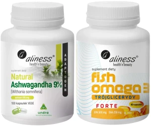 Zestaw Aliness Natural Ashwagandha 555mg 9% 100 kapsułek VEGE + Fish Omega 3 FORTE Trójglicerydy 500/250mg 60 kapsułek - Spokój Odporność Krążenie Relaks