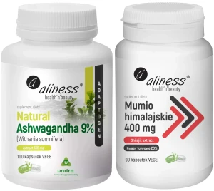 Zestaw Aliness Natural Ashwagandha 555mg 9% 100 kapsułek VEGE + Mumio himalajskie (Shilajit extract) 400mg 90 kapsułek VEGE - Układ Nerwowy Stres Funkcje Seksualne