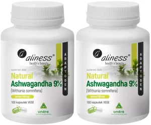 Zestaw 2x - Aliness Ashwagandha 555mg 9% 100 kapsułek VEGE - Spokój Sen Nastrój Układ Nerwowy