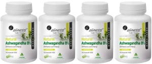 Zestaw 4x - Aliness Ashwagandha 555 mg 9% 100 kapsułek VEGE - Układ Nerwowy Stres Sen Relaks