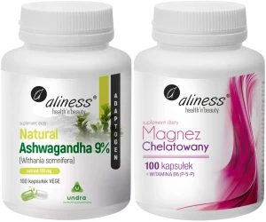 Zestaw Aliness Ashwaganda 555mg 9% 100 kapsułek VEGE + Magnez Chelatowany z Witaminą B6 100 kapsułek - Układ Nerwowy Spokój Koncentracja