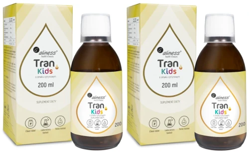 Aliness Tran - Olej z dorsza KIDS + Witamina A 400 µg 200 ml o smaku cytrynowym - 2 sztuki - łącznie 400 ml (id: 9179)