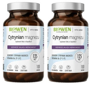 2 x Biowen Cytrynian Magnezu 825mg z witaminą B6 (P-5-P) 100 kapsułek - Układ Nerwowy Zmęczenie Mięśnie