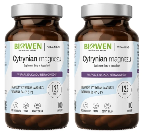 Zestaw 2x - Cytrynian magnezu 825 mg z witaminą B6 (P-5-P) 100 kapsułek, Biowen (id: 8018)