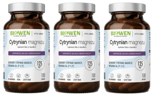 Zestaw 3x - Cytrynian magnezu 825 mg z witaminą B6 (P-5-P) 100 kapsułek, Biowen (id: 8019)