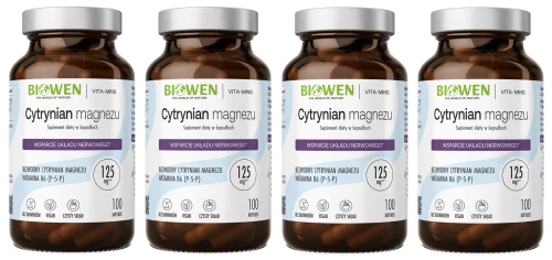 Zestaw 4x - Cytrynian magnezu 825 mg z witaminą B6 (P-5-P) 100 kapsułek, Biowen (id: 8020)