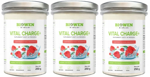 3 x Elektrolity Malinowe Vital Charge+ Biowen 250 g proszek - Kreatyna Magnez Potas (id: 9379)