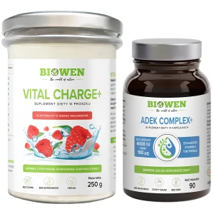 Zestaw Biowen Elektrolity Vital Charge+ Biowen 250g Malina + ADEK Complex+ 90 kapsułek - Równowaga Elektrolitowa Odporność Skóra