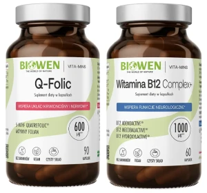 Zestaw Biowen Q-Folic 600mcg 90 kapsułek + Witamina B12 Complex+ 60 kapsułek - Zmęczenie Odporność Układ Nerwowy