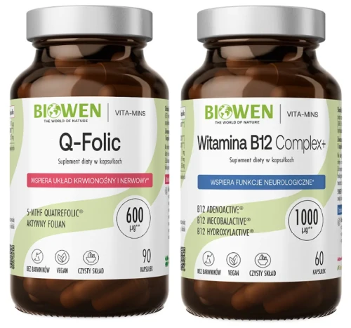 Zestaw Biowen Q-Folic 600mcg 90 kapsułek + Witamina B12 Complex+ 60 kapsułek - Zmęczenie Odporność Układ Nerwowy (id: 9309)