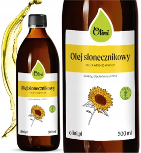 Olini Olej Słonecznikowy 500 ml Nierafinowany Świeży Tłoczony na Zimno