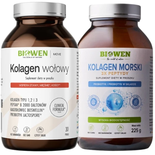 Zestaw - Biowen Kolagen Morski 225g + Kolagen Wołowy 225g - Stawy Ścięgna Chrząstki (id: 9312)