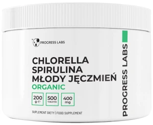 Progress Labs Chlorella Spirulina Młody Jęczmień ORGANIC 400mg 500 tabletek Wysoka Zawartość Białka i Błonnika