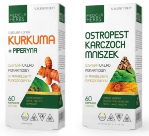 Zestaw Medica Herbs Ostropest Karczoch Mniszek 60 kapsułek + Kurkuma Piperyna 60 kapsułek - Układ Pokarmowy Trawienie Jelita