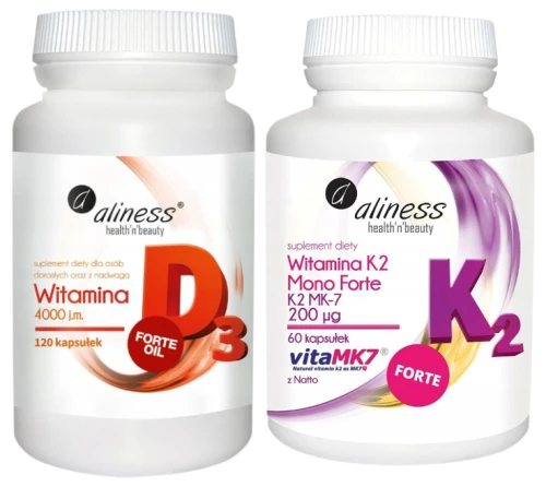 Zestaw Aliness Witamina D3 FORTE oil 4000 j.m. 120kaps. + Witamina K2 Mono FORTE MK-7 200 µg z Natto 60kaps.