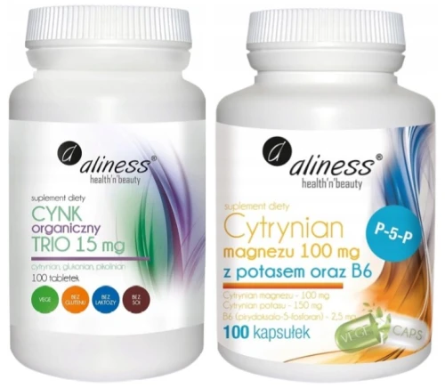 Zestaw Cytrynian Magnezu 100 mg z potasem 150 mg oraz B6 (P-5-P), Aliness + Cynk organiczny TRIO 15 mg Aliness