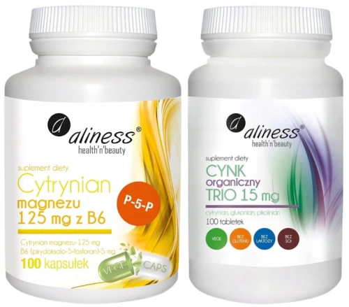 Zestaw Cytrynian Magnezu 125 mg z B6 (P-5-P) 100 kaps VEGE Aliness + Cynk Organiczny Trio 15mg tabletki 100 szt.