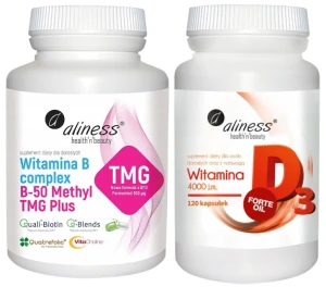 Zestaw Aliness Witamina B-50 complex Methyl TMG 100 kapsułek + Witamina D3 FORTE oil 4000 j.m. 120 kapsułek - Odporność Kości Układ Nerwowy