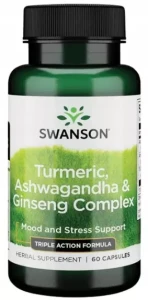 Swanson FS Turmeric Ashwagandha & Ginseng - Kurkuma Ashwagnadha i Żeń-szeń 60 kapsułek - Przeciwzapalne Redukcja Napięcia i Stresu Energia
