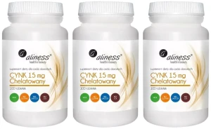 Zestaw 3x - Aliness Cynk 15 mg chelatowany 100 tabletek - Skóra Włosy Paznokcie Wzrok