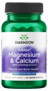 Swanson Albion Magnesium & Calcium - Albion Chelat Magnezu i Wapnia z D-3 i K-2 90 kapsułek - Kości Zęby Skurcze Mięśni