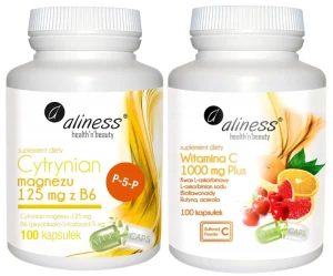 Zestaw Aliness Cytrynian Magnezu 125 mg z B6 (P-5-P) 100 kapsułek + Witamina C 1000 mg Plus 100 kapsułek - Odporność Układ Nerwowy Kości