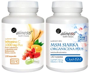 Aliness Witamina C 1000 mg Plus Bioflawonoidy 100 kapsułek  + Siarka MSM Organiczna PLUS 180 tabletek - Odporność Stawy Skóra Włosy