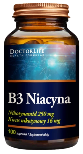 B3 Niacyna 250 mg+kwas nikotynowy 16 mg 100 kapsułek, Doctor Life