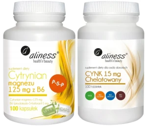 Zestaw Aliness Cytrynian Magnezu 125 mg z B6 (P-5-P) 100 kapsułek VEGE + Cynk chelatowany 15 mg 100 tabletek Vege - Układ Nerwowy Zmęczenie Skóra