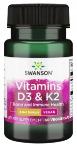 Swanson Vitamins D3 & K2 - Witamina D3 2000IU & K2 75mcg 60 kapsułek - Wchłanianie Wapnia Krążenie Odporność