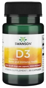 Swanson D3 Vitamin D3 1000 IU - Witamina D-3 1000IU 30 kapsułek - Kości Skóra Mięśnie Odporność