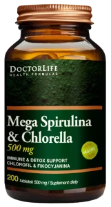 Doctor Life Mega Spirulina & Chlorella Organic (Bio) 500 mg 200 tabletek - Oczyszczenie Detoksykacja