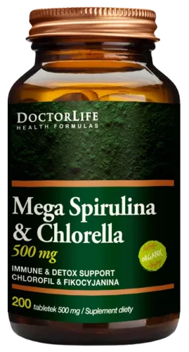 Mega Spirulina &amp; Chlorella Organic (Bio) 500 mg 200 tab, Doctor Life