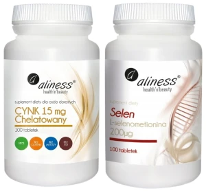 Zestaw Aliness Cynk chelatowany 15mg  100 tabletek + Selen L-selenometionina 100 tabletek - Włosy Skóra Paznokcie Tarczyca Odporność
